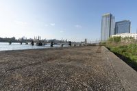 the view of a city skyline from an open river bank with a bridge and benches at the edge