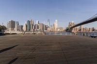 a view of city skyline and the water and bridge in lower town of new york