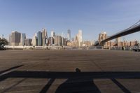 a view of city skyline and the water and bridge in lower town of new york