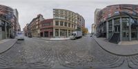 a reflection of a van on a street in a city as shown in 360 - flight