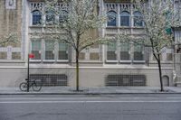 a bicycle parked along the side of a building by a tree filled street curb with no cars