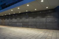 a black stone wall lit up by lighting at night with low lighting on the floor