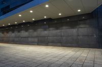 a black stone wall lit up by lighting at night with low lighting on the floor