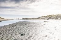 an empty beach with a small body of water near the shore with some rocks in it