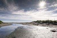 an empty beach with a small body of water near the shore with some rocks in it