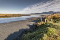 a small sandy beach area and a few poles on the water's edge with hills in the background