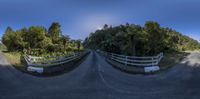 the 360 - view photo is showing an open country road in the background with trees and bushes