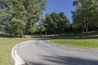 an empty road with a curved curve going up into the trees on each side of it