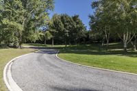 an empty road with a curved curve going up into the trees on each side of it