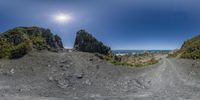 this is an image of 360 - fisheye photos taken on an island by the ocean