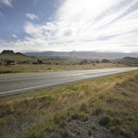 a long empty roadway is surrounded by tall grasses on the ground and the sky in the distance