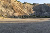 a brown bear laying down in the middle of a dry landscape with mountains in the background