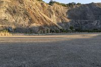 a brown bear laying down in the middle of a dry landscape with mountains in the background