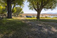 the boat is resting in the green grass near a tree and water source with mountains and lake in background