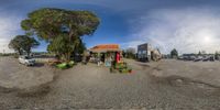 a fisheye lens view of a store and parking lot from the side of the street