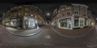 three fish - eye lens images show the street and buildings in the night sky in this image