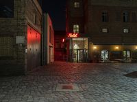 a bricked alley and a red neon sign are pictured in this photo and the buildings look to be empty