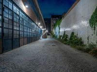 some dark blue windows in an industrial building with no one on the street to the right