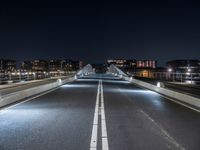 a very long bridge at night over the road and to many buildings in the background