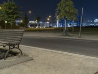 a wooden bench is in a park by the side of the road at night with a view of city