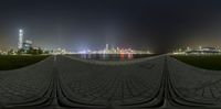 a photo taken from the ground at night, with a city and harbor in the distance