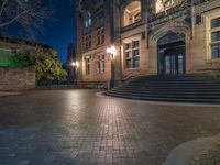 a fire hydrant is in the street in front of the building at night with steps up to it