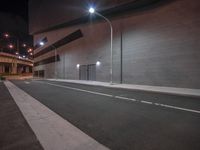 there is an empty street lit by lights on a side walk at night with no people in the city