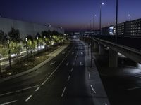 a city road with white lines at night, and traffic lights lit up along both sides