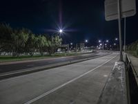 a quiet highway at night with street lights illuminate a line of trees lined up along the side