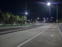 an empty road lit by streetlights and many trees at night in an urban area