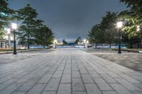 the street is lined with many trees, lamps, and benches, in this area