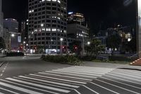 a night view of buildings and street lights, with a traffic light in the middle