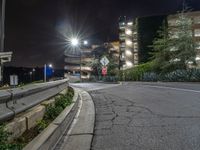 an empty city road with a light at night in the background and a sign with some small bushes at the side