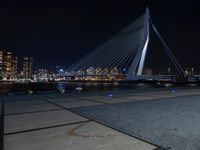 the bicycle rider is posing for a picture near the water at night, with a bridge in the background