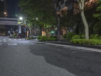 a street intersection at night with trees and lights on the side walk and some cars in the other road