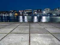 the night lights and grass line the concrete sidewalks by the water and buildings, overlooking the city