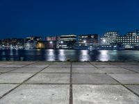 the night lights and grass line the concrete sidewalks by the water and buildings, overlooking the city