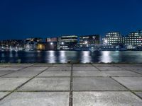 the night lights and grass line the concrete sidewalks by the water and buildings, overlooking the city