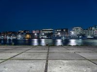 the night lights and grass line the concrete sidewalks by the water and buildings, overlooking the city