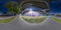 the reflection in a fish eye lens looks like a painting under an overpass at night