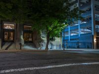 a city street at night with parking meters on either side and the road in the center