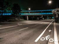 night scene of a street with bridge and light - painted bike lane markings on both sides