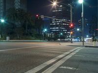 night scene of a street intersection with a pedestrian crossing and skyscrapers in the background