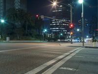 night scene of a street intersection with a pedestrian crossing and skyscrapers in the background