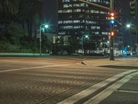 night scene of a street intersection with a pedestrian crossing and skyscrapers in the background