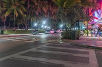 a crosswalk with some cars and palm trees at night on the side walk of the road
