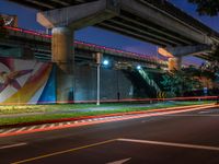 a painting is hanging up next to the highway on the side of a bridge at night