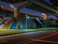 a painting is hanging up next to the highway on the side of a bridge at night