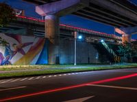 a painting is hanging up next to the highway on the side of a bridge at night