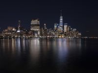 Night Skyline of New York City with Modern Architecture and Lake Reflection